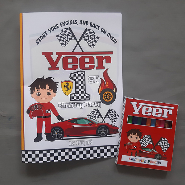 Product: Start you car engine personalised colouring book and cryons