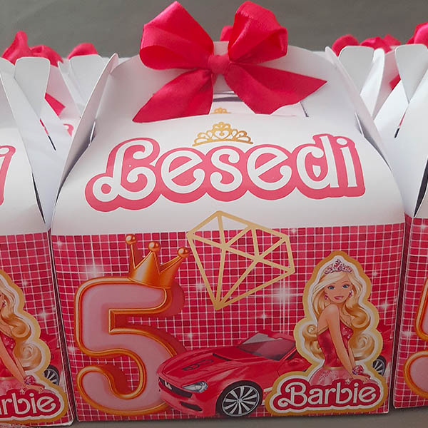 Product: Barbie birthday party personalised party box with ribbon and touch of gold