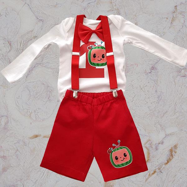 Cocomelon personalised onesie with a red short and red suspenders