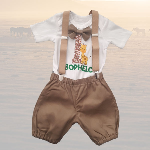 Product: Wild one safari giraffe personalised onesie or t-shirt with brown short and suspenders 