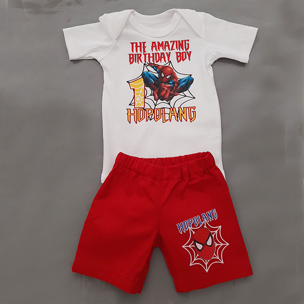 Product: The amazing spiderman personalised birthday boy set with red short