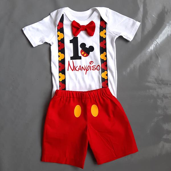 Product: Mickey mouse birthday short and onesie with bow and mickey heads suspender