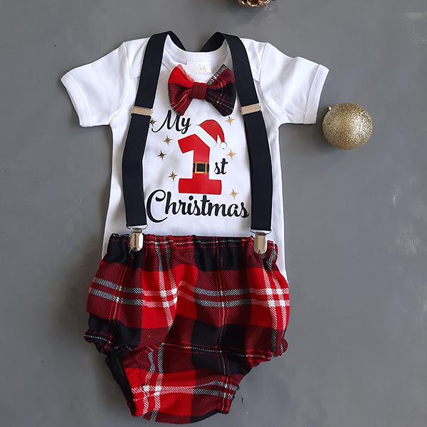 Product: My first christmas with red and black scotch bloomer and suspenders