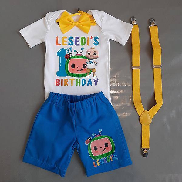 Product: JJ Cocomelon birthday short and personalised onesie with bow and suspender