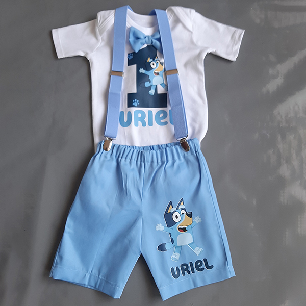 Product: Bluey birthday short and personalised onesie with bow and suspender
