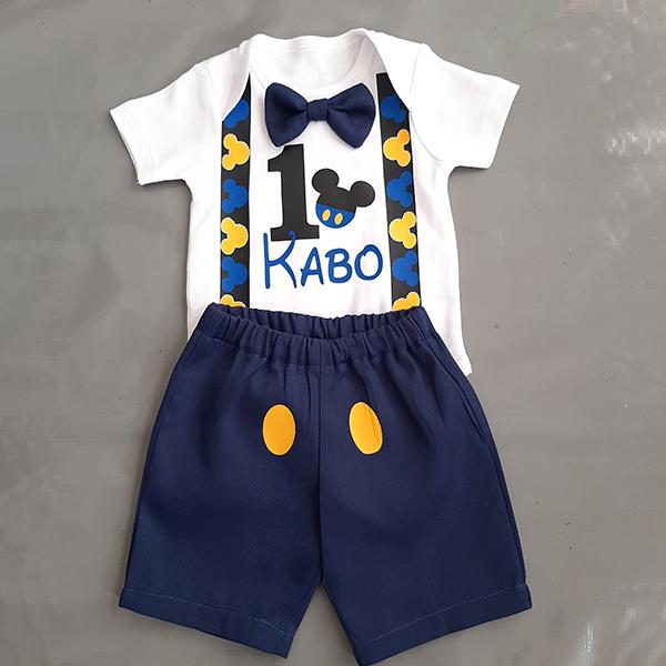 Product: Blue Mickey mouse birthday short and onesie with bow and mickey heads suspender