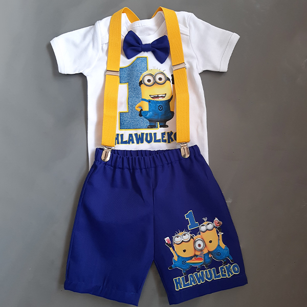 Product: Blue Minion birthday short and matching onesie with bow and suspender