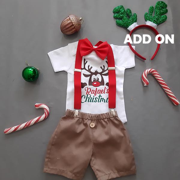 Reindeer red christmas onesie and short with red suspender and bo...