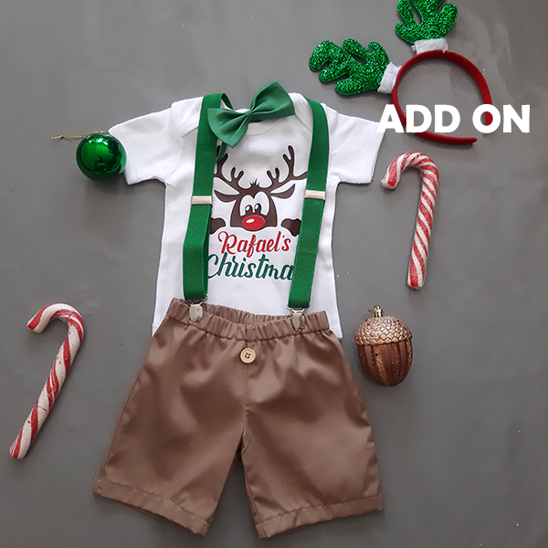 Product: Reindeer green christmas onesie and short with red suspender and bowtie