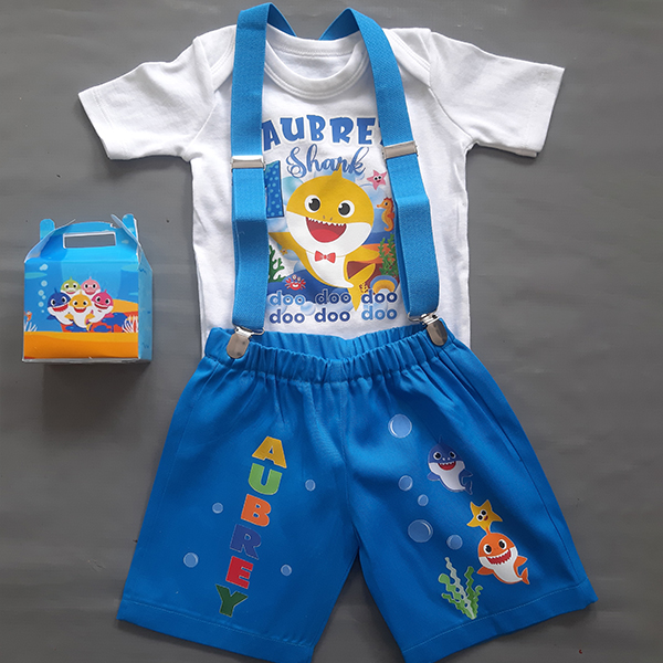 Product: Blue Baby Shark birthday short and a personalised onesie
