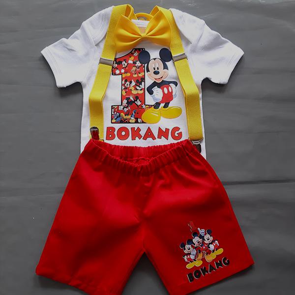 Product: Mickey mouse red short and personalised tshirts with yellow suspender