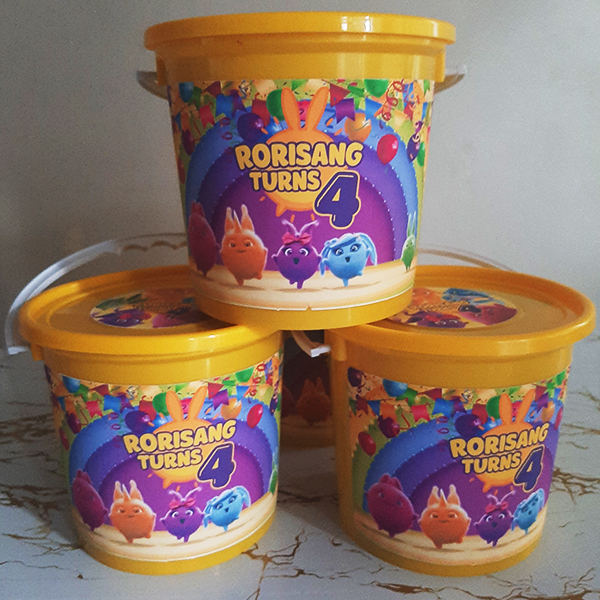 Product: Colourful Cartoon Personalised Party Pack Favour Buckets