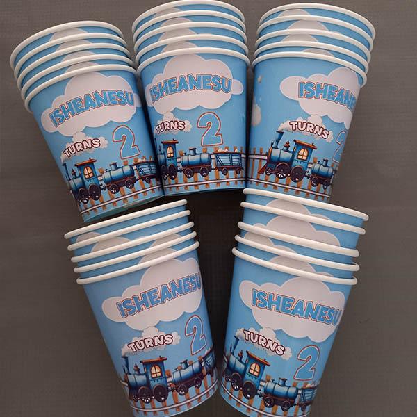 Product: Blue train personalised party cups