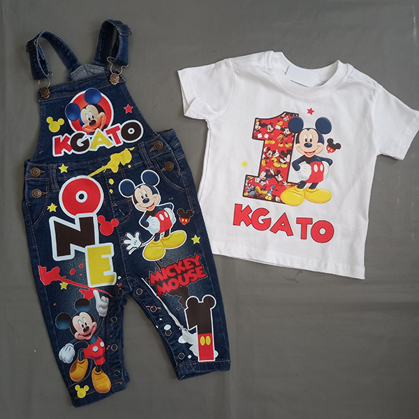Product: Mickey Mouse Personalised Denim Dungaree with a matching tshirt