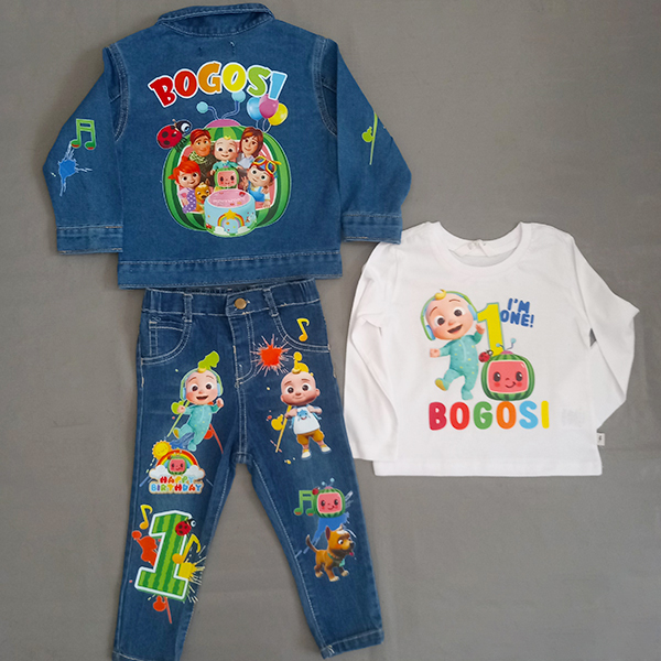 Product: Denim  Personalised Cocomelon Birthday Outfit with a denim jackets