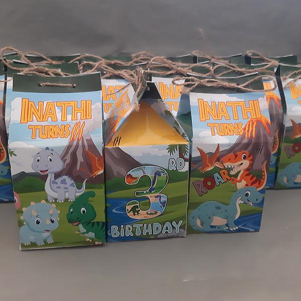 Product: Dinosaurs personalised birthday party milk boxes