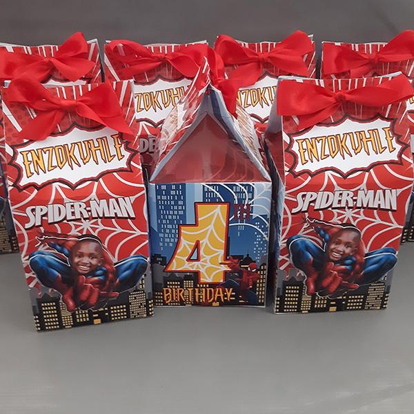 Product: Spiderman red themed personalised milk box party pack