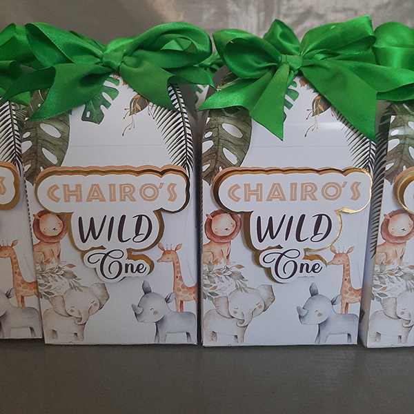 Product: Wild one personalised milk box birthday party pack with a touch of shine