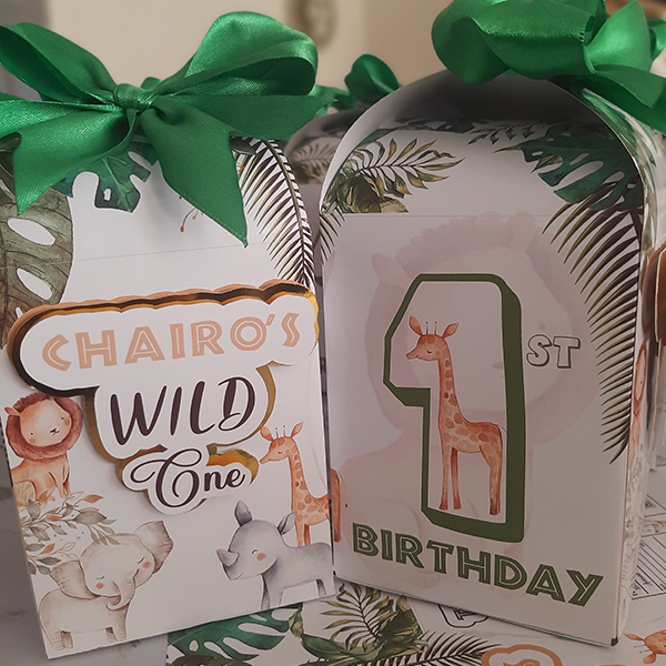 Product: Wild one personalised milk box birthday party pack with a touch of shine