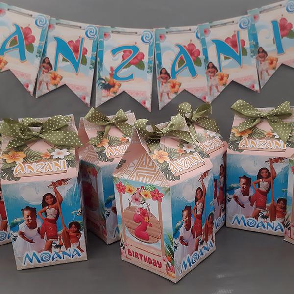 Product: Moana personalised birthday milk box party packs