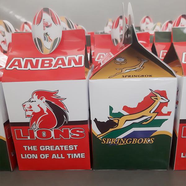 Product: Springbok and lions personalised milk box party pack