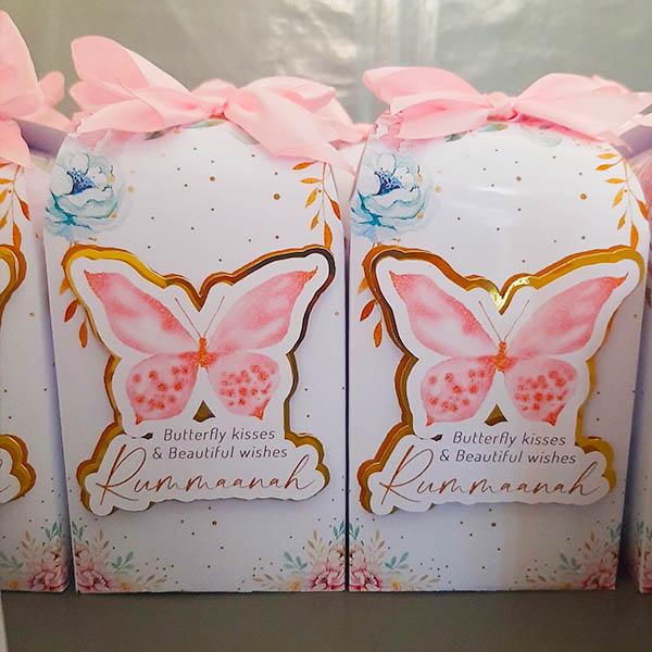 Product: Pink butterfly personalised party box  a touch of gold