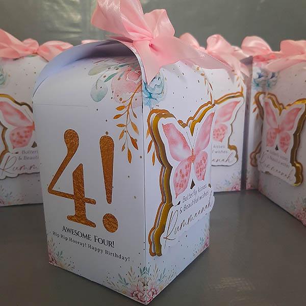 Product: Pink butterfly personalised party box  a touch of gold