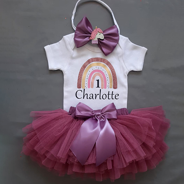 Product: Unicorn rainbow plum skirt with a personalised tshirt and headband