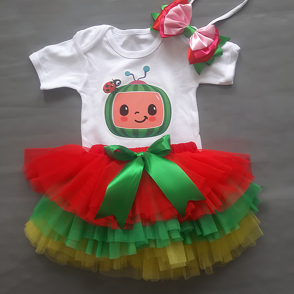 Product: Cocomelon red green and yellow skirt with a personalised tshirt and headband