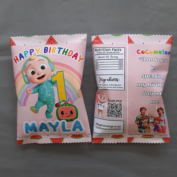 Product: Pink cocomelon personalised party pack chip bag 