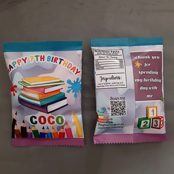 Product: School books and crayons personalised chip bag filled