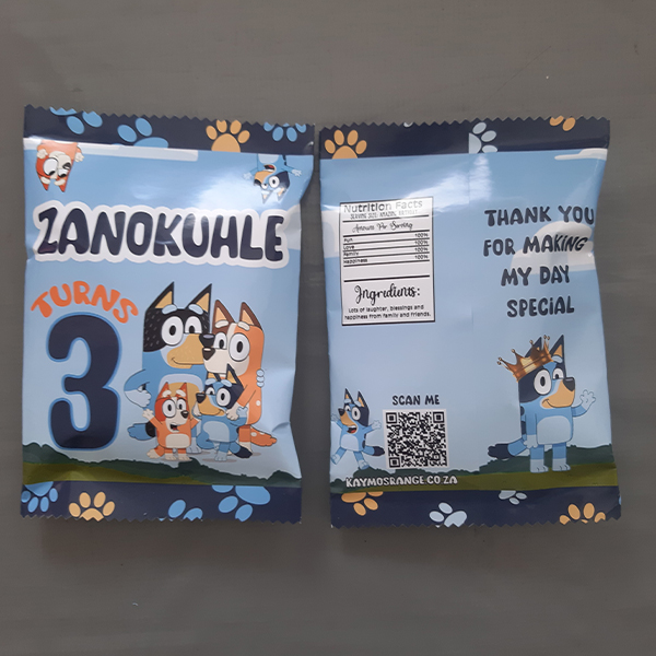 Product: Bluey birthday personalised party pack chip bag filled