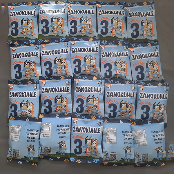 Product: Bluey birthday personalised party pack chip bag filled