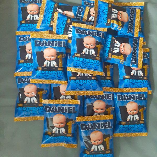 Product: Boss Baby birthday personalised party pack chip bag filled