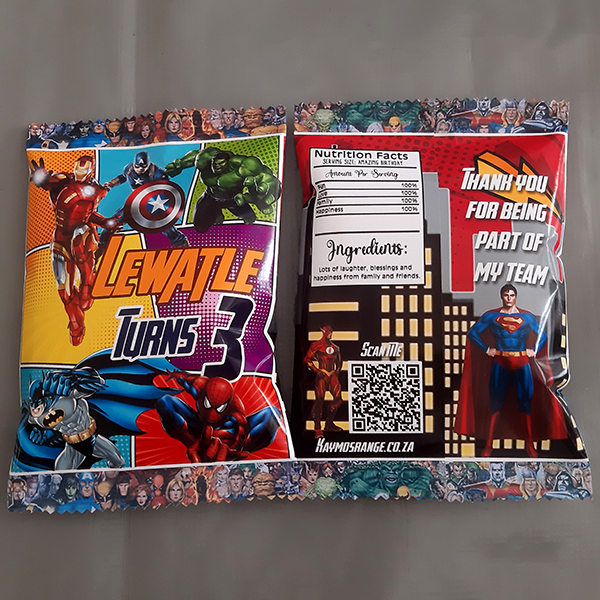 Product: Avengers birthday personalised party pack chip bag filled