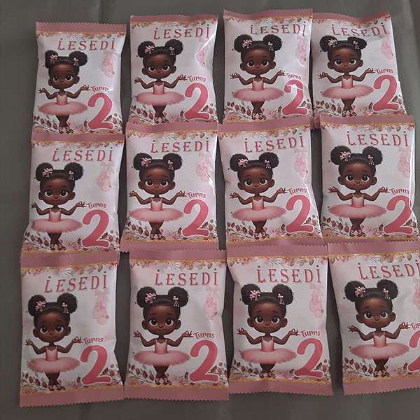 Product: Ballerina birthday personalised party pack chip bag filled