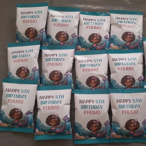 Product: Mermaid birthday personalised party pack chip bag filled