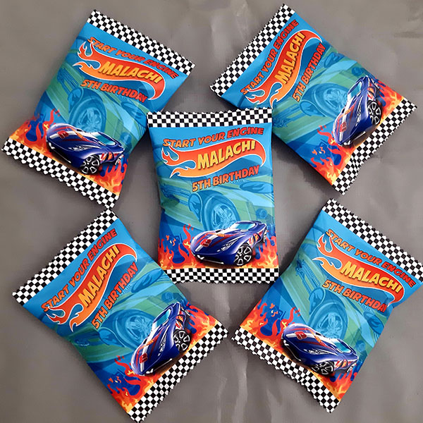 Product: Hot wheels birthday personalised party pack chip bag filled