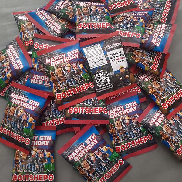 Product: Roblox birthday personalised party pack chip bag