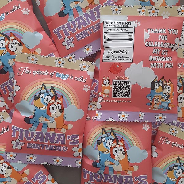 Product: This episode of bluey personalised chip bags party packs