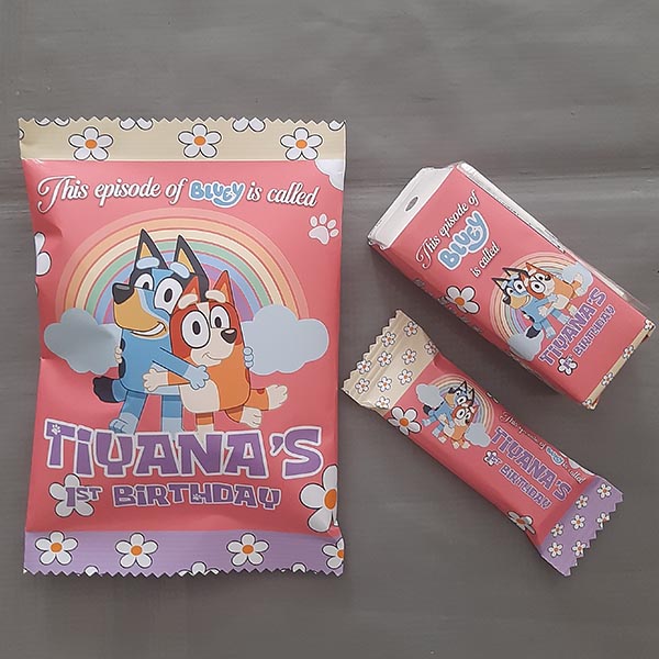 Product: Personalised Bluey Party Snacks Pack – Custom Chips, Chocolate & Juice