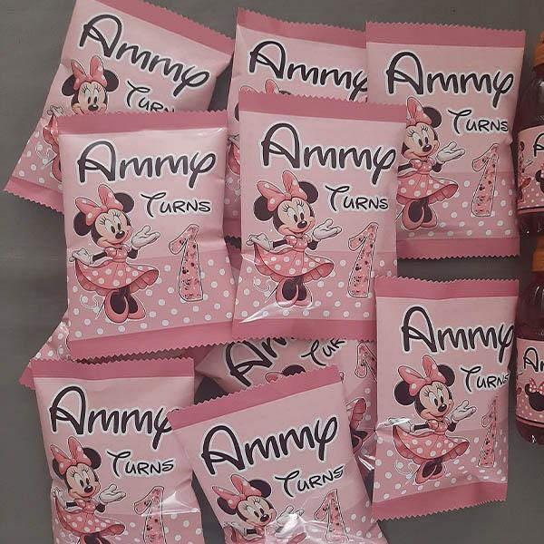 Product: Personalised Minnie Mouse Birthday Party Chip Packets – Pink Theme