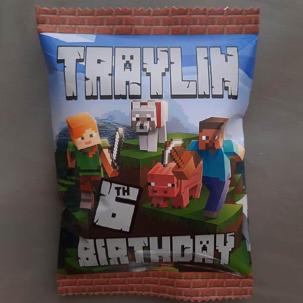Product: Minecraft birthday personalised chip bag party packs