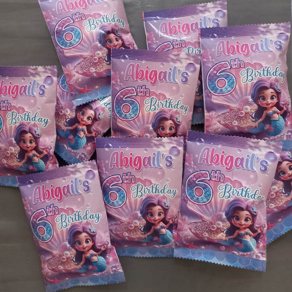 Product: Mermaid purple birthday personalised party pack chip bag filled