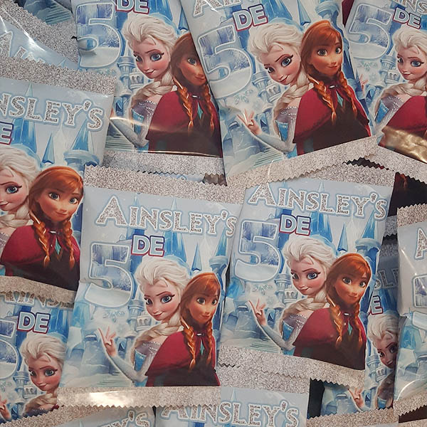 Product: Frozen personalised party chip bags with snacks