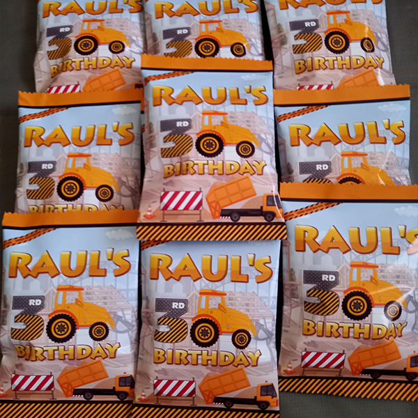 Product: Construction Theme Personalised Party Chip Bags filled with goodies