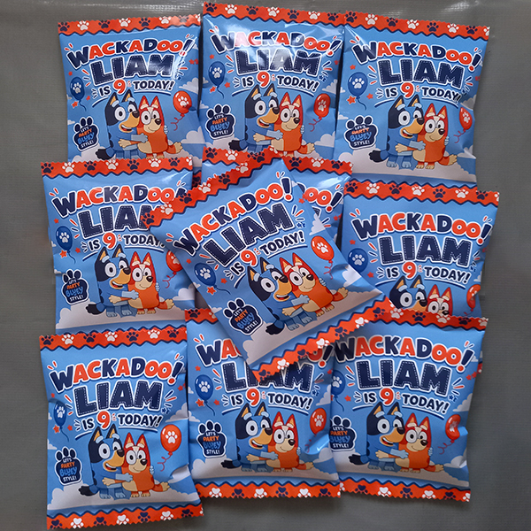 Product: Bluey Birthday Personalised Chip Party Packs Snack Bags