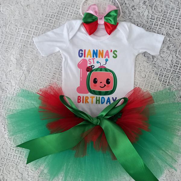Product: Green and red Cocomelon tutu with personalised onesie and a matching headband