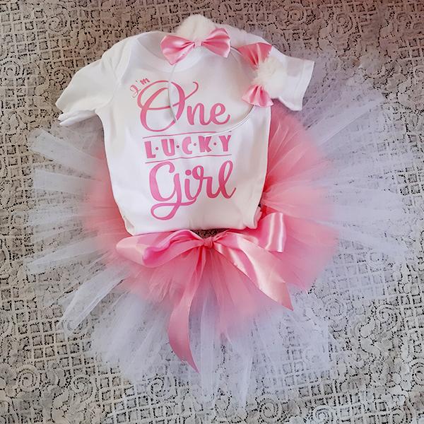 Pink and white i'm one lucky girl tutu and t-shirt outfits set fo...
