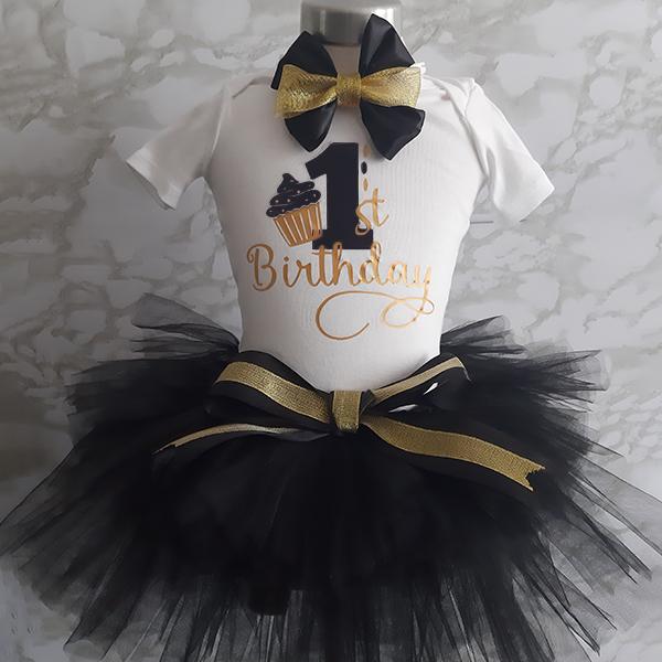 Product: Black tutu with a touch of gold cupcake birthday t-shirt with a matching headband